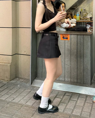 Belted slit mini skirt