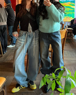 Washed string denim pants