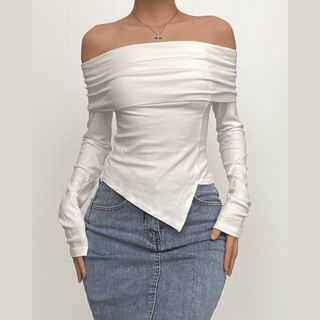 Long sleeve off shoulder irregular ribbed backless top