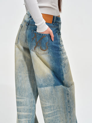 Color-Blocked Equestrian Wide-Leg Jeans