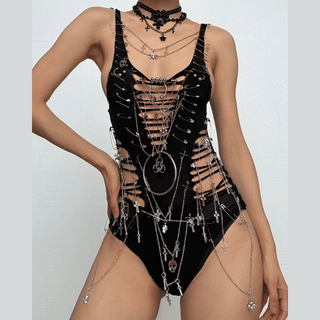 Hollow out metal chain o ring skull applique bodysuit