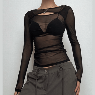 Long sleeve ruched sheer mesh solid top