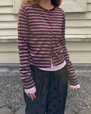 Round neck striped knit cardigan