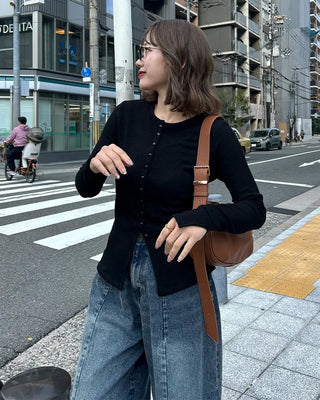 Round neck long-sleeve cardigan