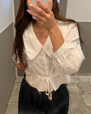 Big collar shirred waist blouse