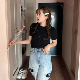 Pearl Cable Knit Short Sleeve Knit