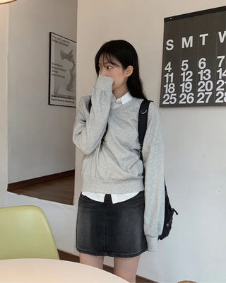 (6 colors) Slim Slit Pattern V-Neck Sweatshirt