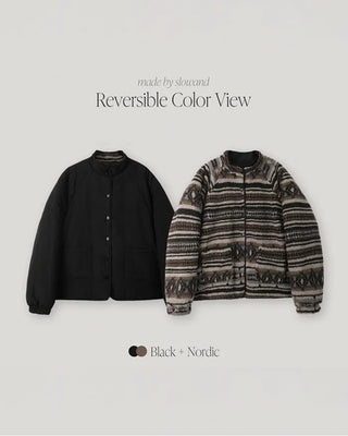Down jacket x fleece reversible high-neck jacket