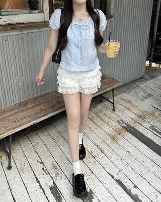 Puff sleeve lace detail blouse