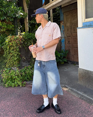 Checked embroidered short-sleeved shirt