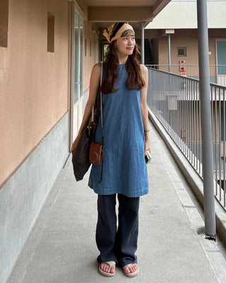 Round neck denim midi dress