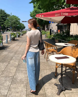 Washed long denim skirt