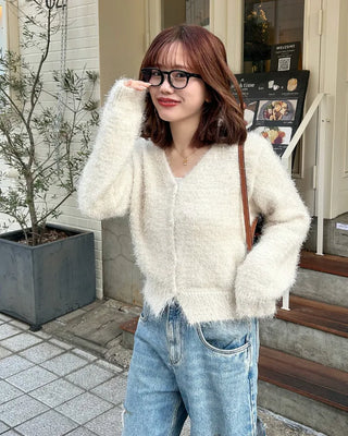 V-neck loose-fit shaggy knit