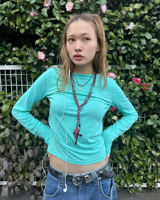Slashed Neck Slim Long T-Shirt
