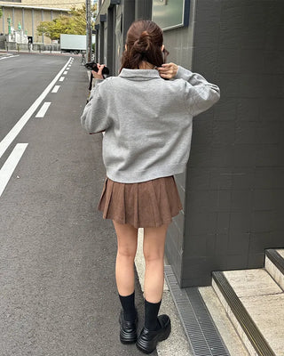 Belted corduroy pleated mini skirt