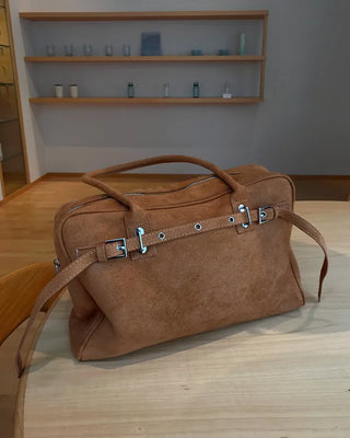 Suede belt buckle shoulder bag