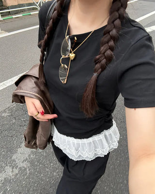 Lace Shirring Half-Sleeve T-Shirt