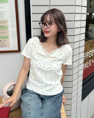Dot lace detail short-sleeved T-shirt