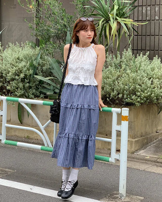 Checked tiered long skirt