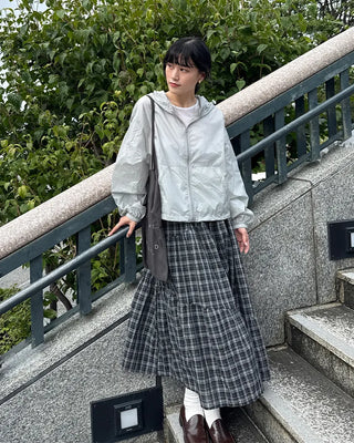 Checked Shirred Long Skirt