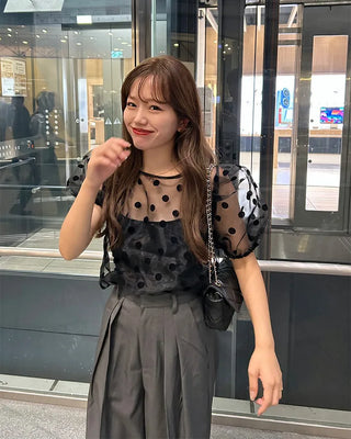 Sheer polka dot puff sleeve blouse