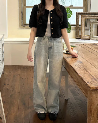 Heart gold button short-sleeved tweed jacket