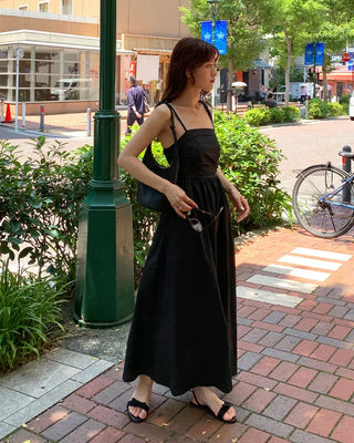 Side-tucked flared long dress