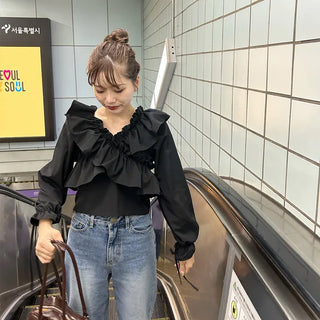 V-neck frill blouse