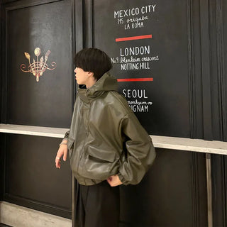 Leather hooded pocket jacket