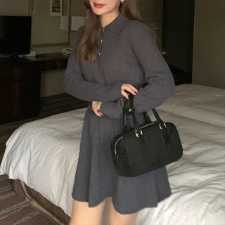 Button-collar knit and skirt set