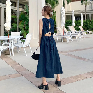 Back Shirred Open Denim Dress