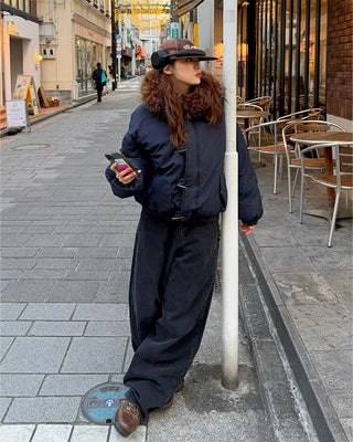 Button-up hooded fur padded jacket