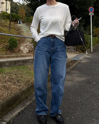 Simple brushed-back round neck long-sleeve T-shirt