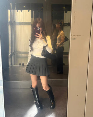 Striped button pleated mini skirt