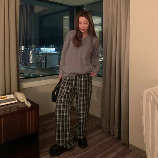 Checked wide banding pants