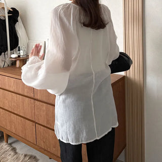 Deep V-neck sheer blouse