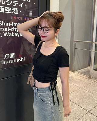 Side Shirring Button Half Sleeve T-Shirt