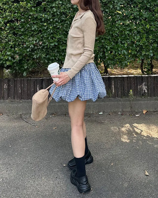 Belted check balloon mini skirt