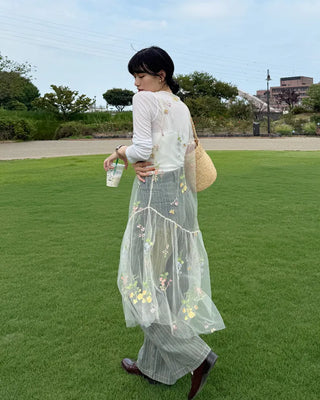 Flower embroidered sheer midi dress