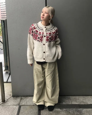 Colored Neck Nordic Knit Cardigan