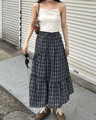 Checked frill long skirt