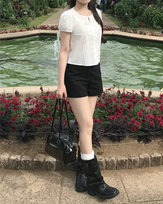 Pintuck puff sleeve ribbon tie blouse