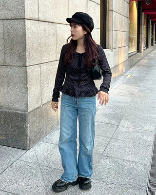 Ribbon Tie Dot Frill T-Shirt