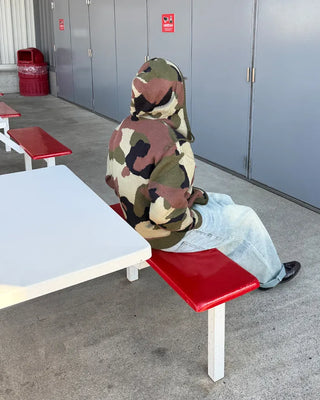 Camouflage knit hooded zip-up