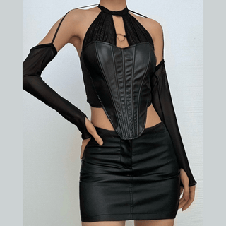 Halter PU leather bustier hollow out cut out top