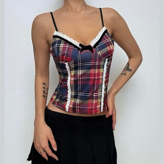 Plaid lace hem bowknot cami top
