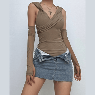 Hoodie gloves sheer mesh top
