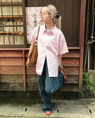 Oversized striped short-sleeved shirt