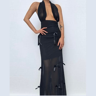 Bowknot hoodie square neck mesh 2-way maxi dress