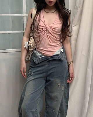 Halter neck shirred sleeveless top